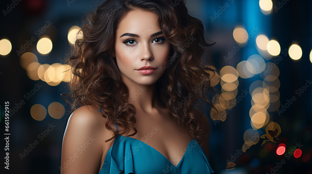 A ravishing brunette in a vibrant frock with lush curls showcases a glamorous visage against a glistening Christmas backdrop. - obrazy, fototapety, plakaty 