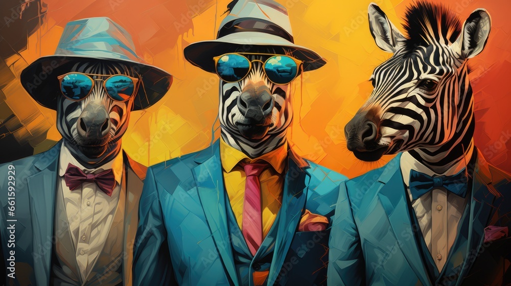 A painting of three zebras wearing suits and hats. - obrazy, fototapety, plakaty 