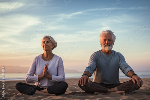 hombre y mujer mayores jubilados haciendo yoga en la playa photo