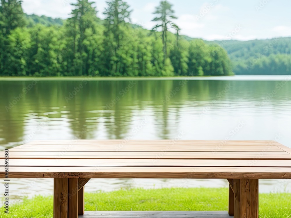 The blank top of a wooden table in a blurry background The blank top of a wooden table in a blurry background