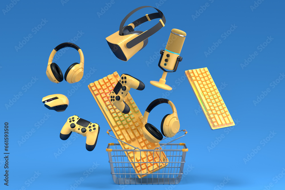 Gamer gears like mouse, keyboard, joystick, headset, VR, web camera in basket Gamer gears like mouse, keyboard, joystick, headset, VR, web camera in basket