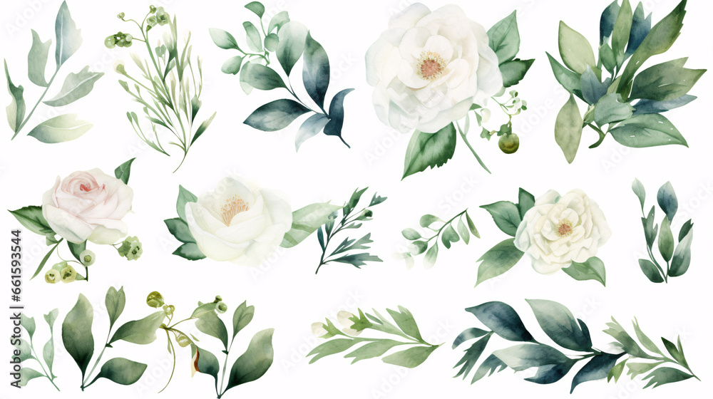 A collection of various white flowers and green-leafed elements drawn in watercolor is presented.