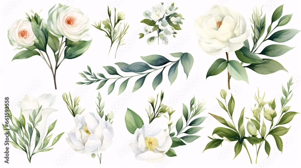 Combination of white blooms and verdant foliage, detailed watercolor and individual components, constituting a set of floral illustrations.