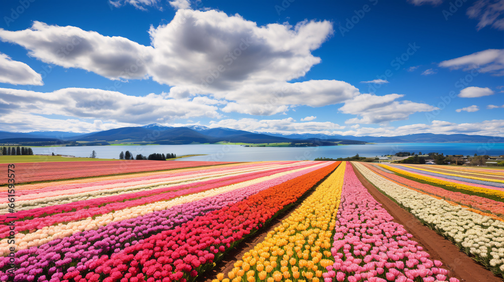 A picturesque aerial view of vibrant tulip fields in bloom, symbolizing springtime joy and natural beauty.