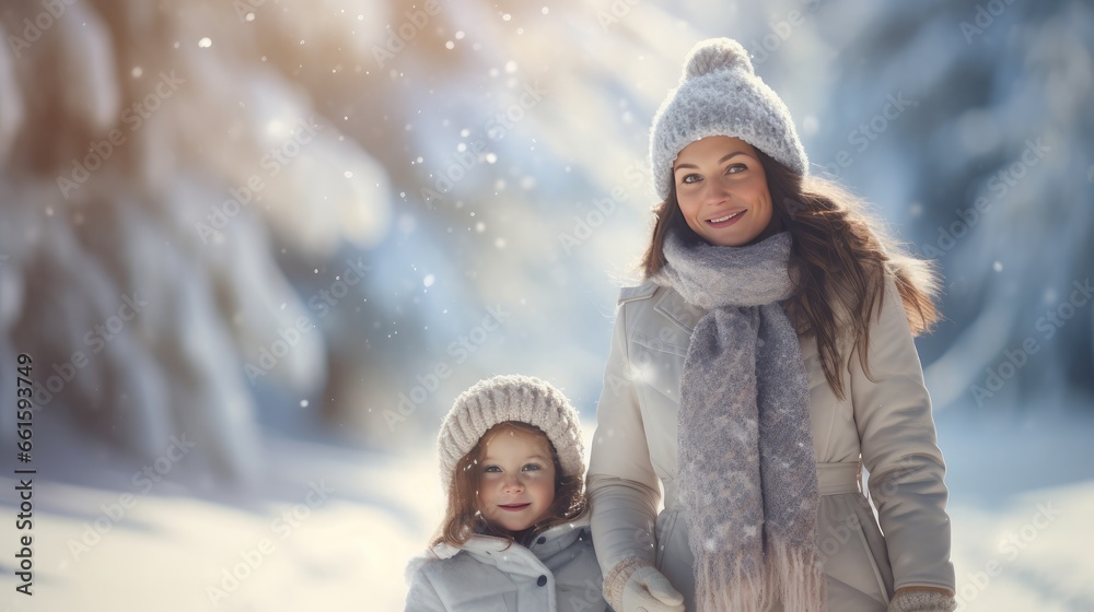 Winter Wonderland Family: A father, mother, and their young child in the serene snowy landscape, sharing a joyful winter adventure