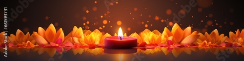 A lit candle surrounded by petals and petals. Diwali greeting card.