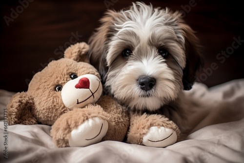 Cute puppy dog cuddling with a fluffy teddy bear toy in beautiful autumn sunshine, with copy space. 