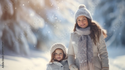 Winter Wonderland Family: A father, mother, and their young child in the serene snowy landscape, sharing a joyful winter adventure