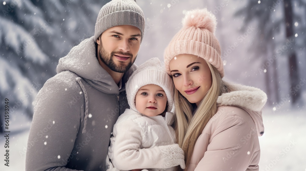 Winter Wonderland Family: A father, mother, and their young child in the serene snowy landscape, sharing a joyful winter adventure