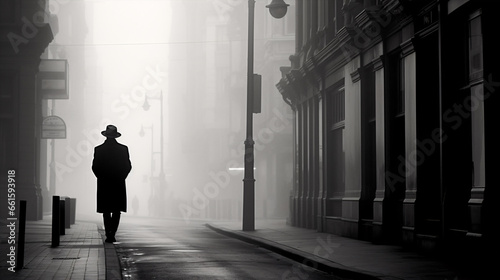 An evocative, monochromatic snapshot of a person traversing a misty, urban landscape, inspiring a sense of enigma and solitude.