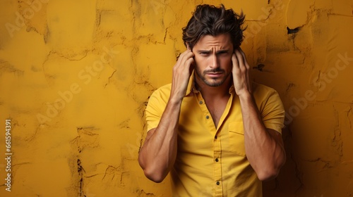 A dashingly attractive gent, garbed in a relaxed tee, agonizing from a piercing headache, afflicted with stress and misery, composes an isolated background with hands atop his cranium. photo