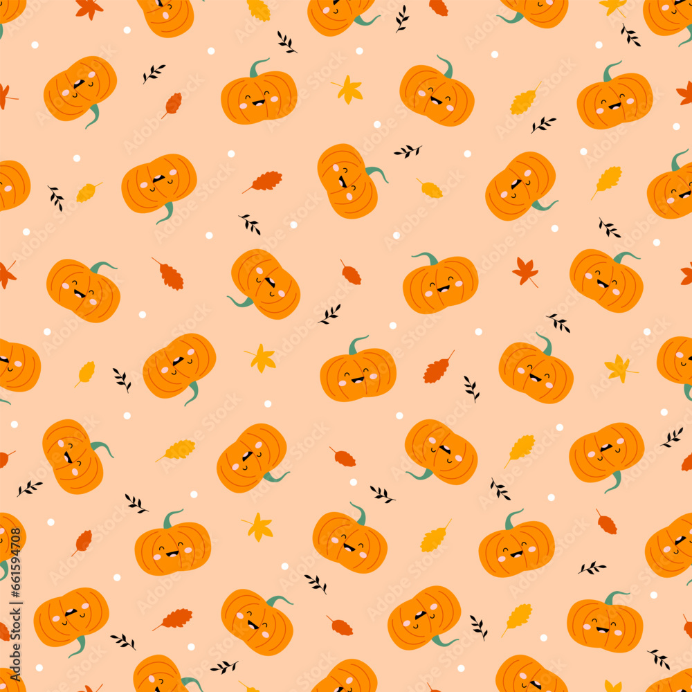 Funny pumpkins with leaves and twigs. Seamless pattern Funny pumpkins with leaves and twigs. Seamless pattern