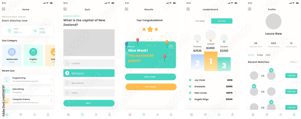 Quiz Games, Crossword, Quizzes and Trivia Game Mobile App UI Kit Template