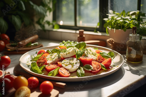 a fresh Italian salad of tomato, mozzarella and basil in a warm rustic kitchen, caprese salad