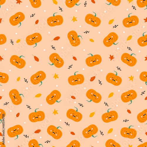 Funny pumpkins with leaves and twigs. Seamless pattern