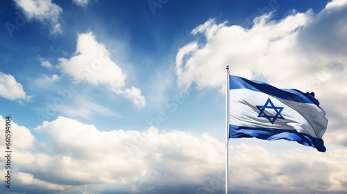 Patriotic skies: Celebrate Israel's pride with flags and the Star of David against a cloudy sky backdrop, a powerful symbol of national identity © pvl0707