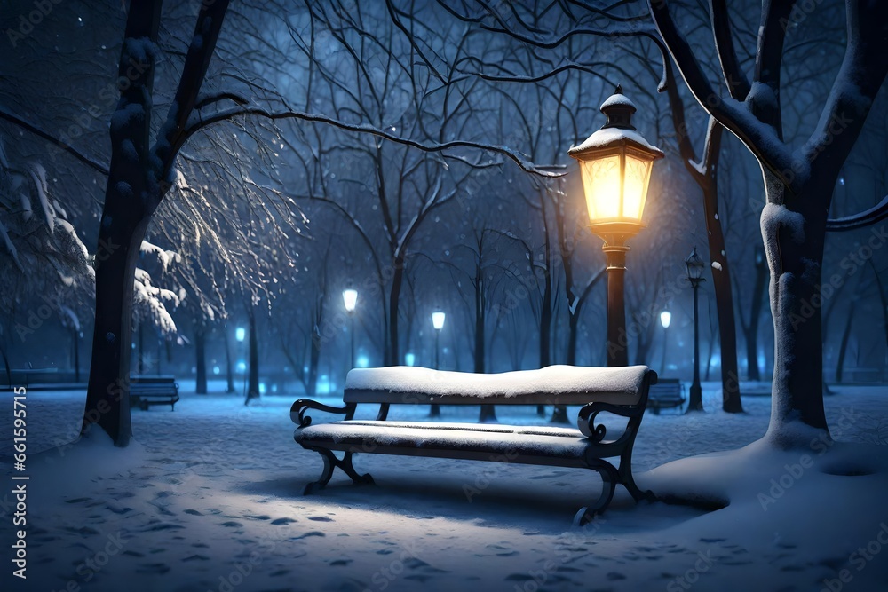 city park at night. Bench and lantern close-up. Snow-covered trees after a blizzard. Dark atmospheric winter.