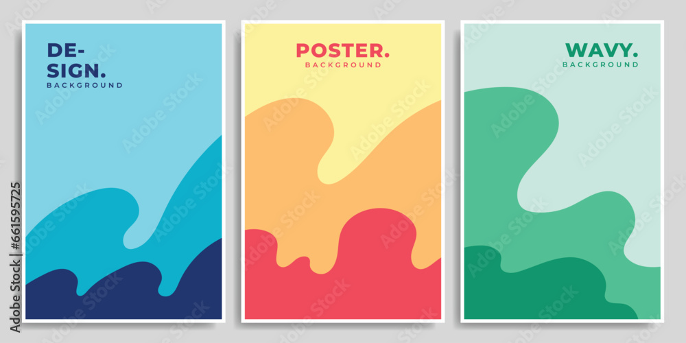 Wavy, fluid and colorful vertical background set. Dynamic colorful layer backdrop design. Organic and wavy poster or banner design in flat color.