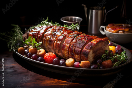 Bacon-Wrapped Pork Tenderloin christmas Dinner, generative ai