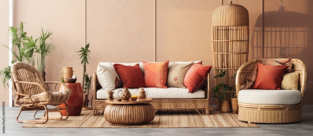 Obraz na płótnie Boho style living room with ethnic decor cozy furniture and hanging ceiling lamps in a vertical view With copyspace for text w salonie
