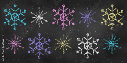 Set of Design Elements Snowflakes of Different Colors Isolated on Chalkboard Backdrop. Realistic Chalk Drawn Sketch.