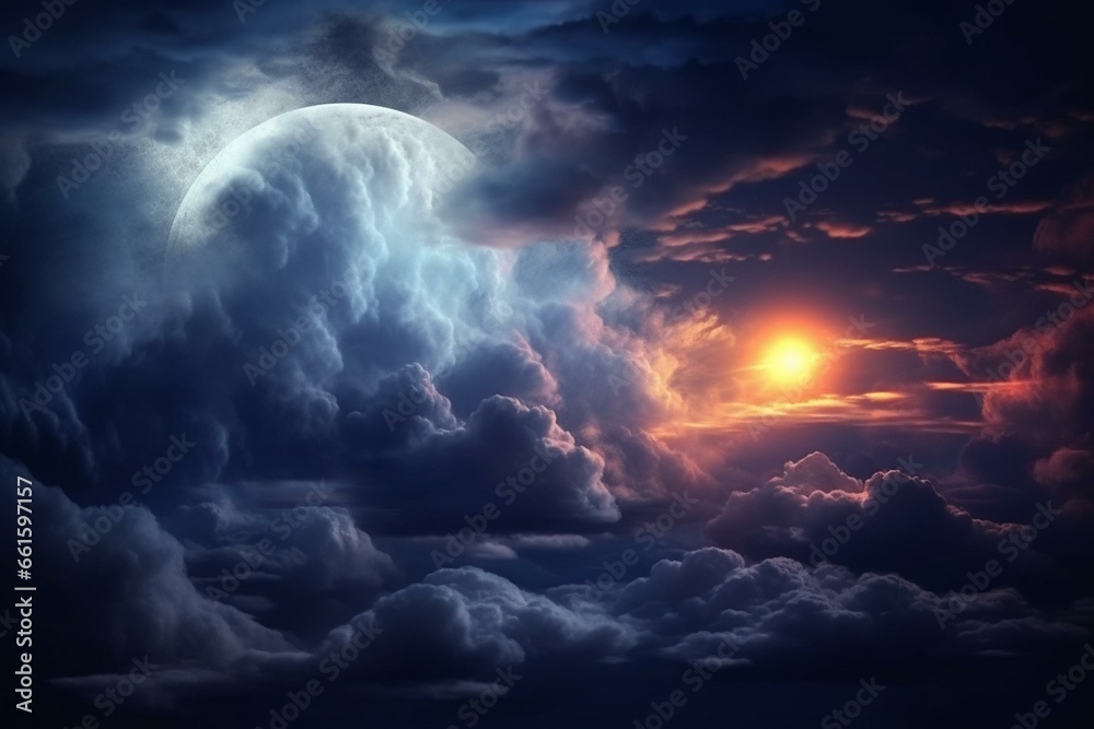 Luminous moon amidst dramatic midnight clouds. Generative AI - obrazy, fototapety, plakaty 