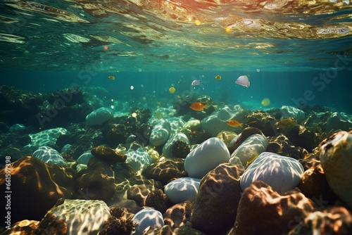 Underwater view of ocean stones illuminated by sunlight. Generative AI