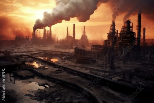 Industrial refinery exhausts, causing pollution. Generative AI