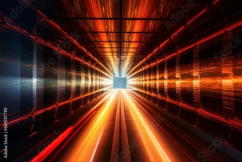 A digital tunnel with light trails symbolizing global data processing. Generative AI