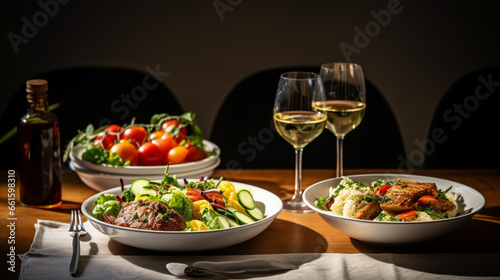 table topped with plates of food and glasses of wine  generative ai