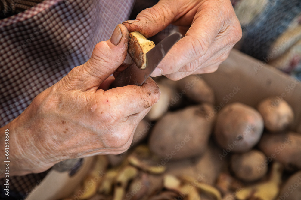 Elderly woman's hands doing domestic work of peeling potatoes. Aged hands with joint problems, osteoarthritis. Concept of active aging despite associated diseases. Close up