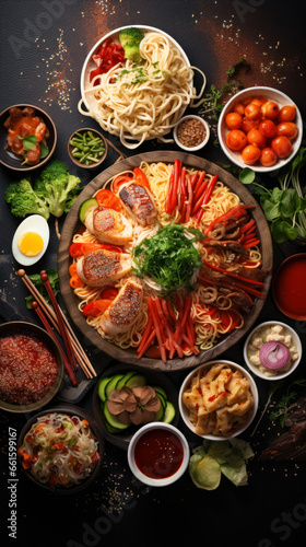 Noodles with meat and vegetables on a dark background. Top view