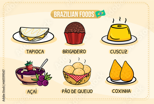 A set of brazilian food with - Couscuz, brigadeiro, tapioca, feijoada, pao de queijo, coxinha, acai