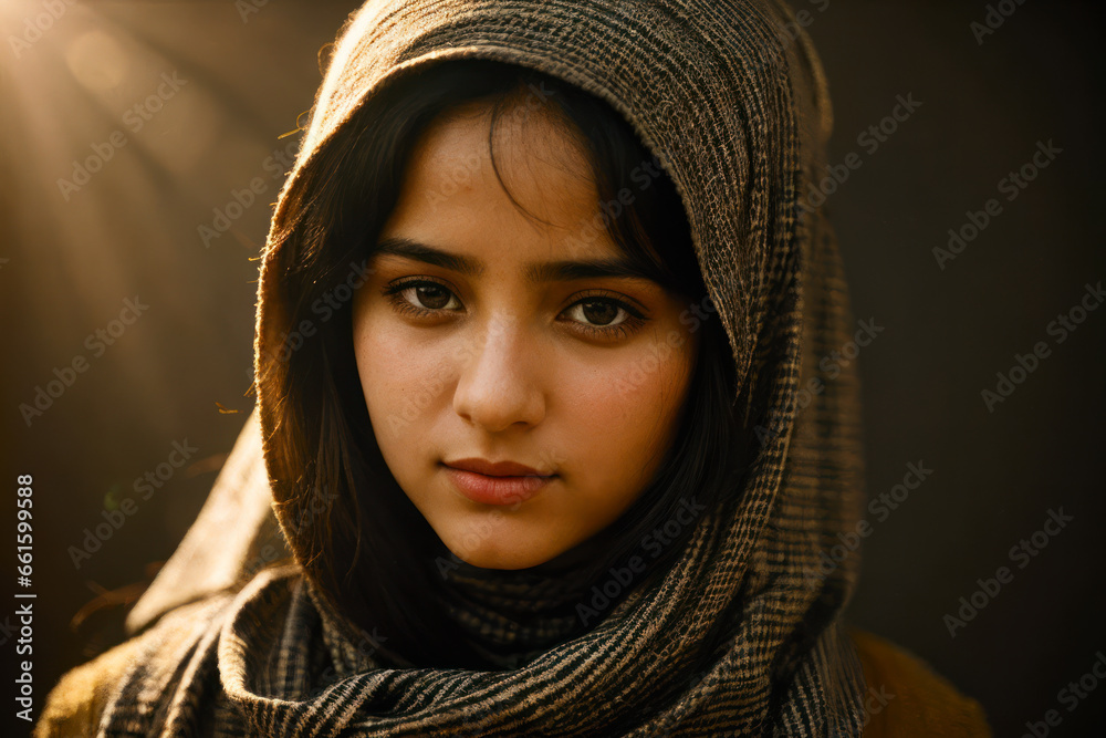 Portrait of the of the very young Middle Eastern girl wearing keffiyeh, traditional clothing Portrait of the of the very young Middle Eastern girl wearing keffiyeh, traditional clothing
