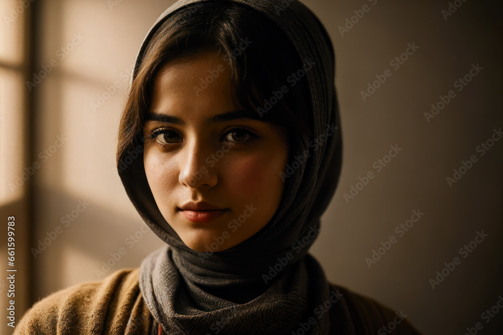 Portrait of the of the very young Middle Eastern girl wearing keffiyeh, traditional clothing Portrait of the of the very young Middle Eastern girl wearing keffiyeh, traditional clothing