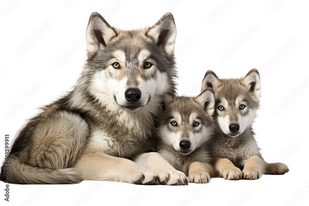 Gray Wolf and Her Pups on isolated background