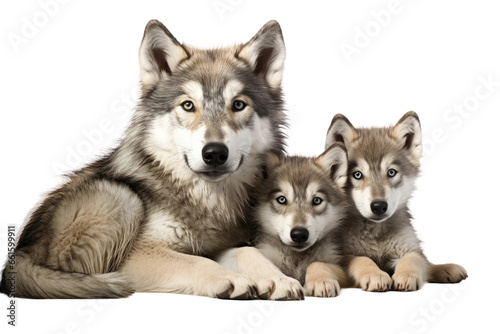 Gray Wolf and Her Pups on isolated background