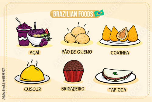 A set of brazilian food with - Couscuz, brigadeiro, tapioca, feijoada, pao de queijo, coxinha, acai