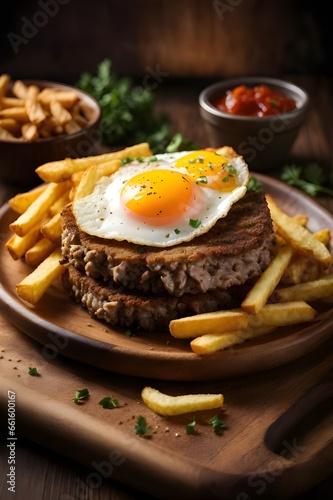 Beef tenderloin with french fries and eggs