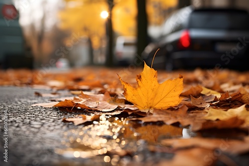 urban autumn landscape  yellow leaves on wet asphalt