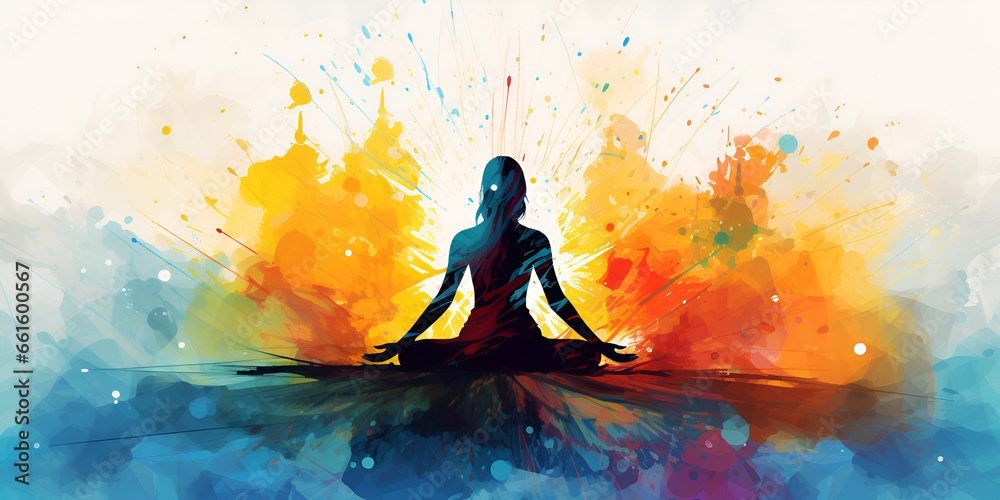 Colorful abstract background with woman doing yoga in lotus pose - obrazy, fototapety, plakaty 