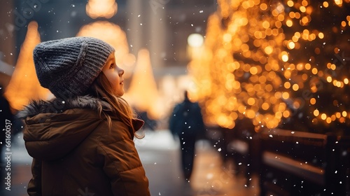 portrait of a beautiful girl against the background of a Christmas decorated city in Europe, city lights and garlands, bokeh, New Year, Christmas and holiday concept
