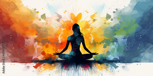 Colorful abstract background with woman doing yoga in lotus pose