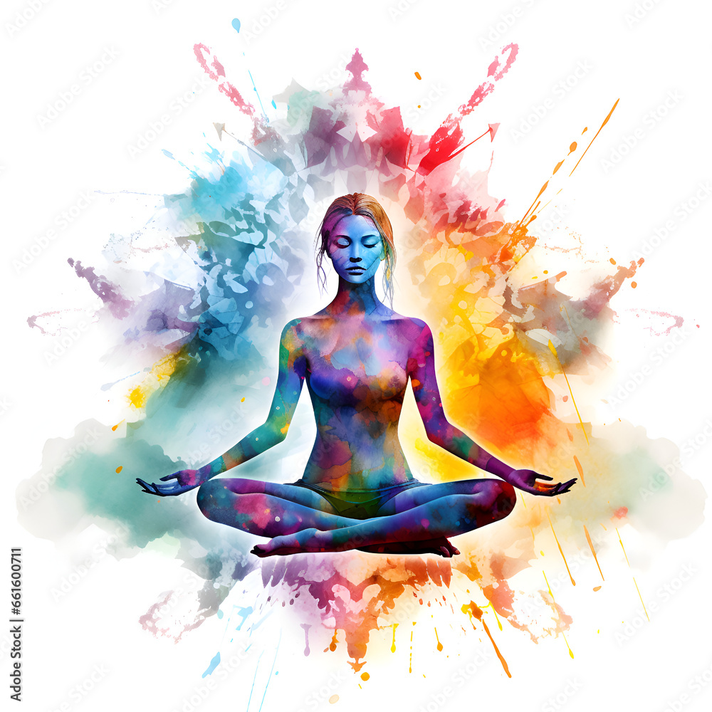 Colorful watercolor abstract background with woman doing yoga in lotus pose