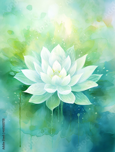 Watercolor illustration of white lotus flower, green abstract background 