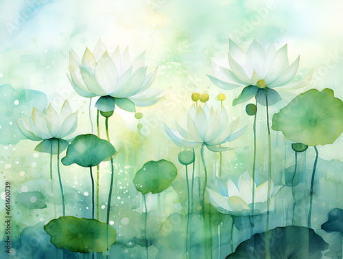Watercolor illustration of green lotus flower, abstract background 