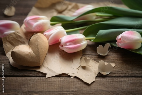 Tulips with a handcrafted paper heart. Generative AI