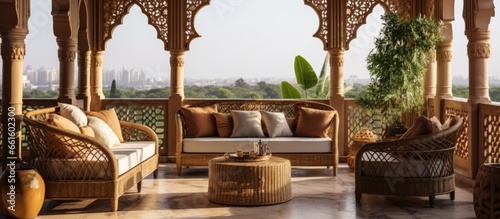 Arabic decor in modern apartment with open air terrace and wicker furniture With copyspace for text © AkuAku