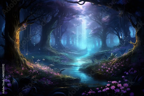 Mystical nocturnal forest with glowing flowers and ethereal light, filled with mesmerizing flora and captivating darkness. Generative AI