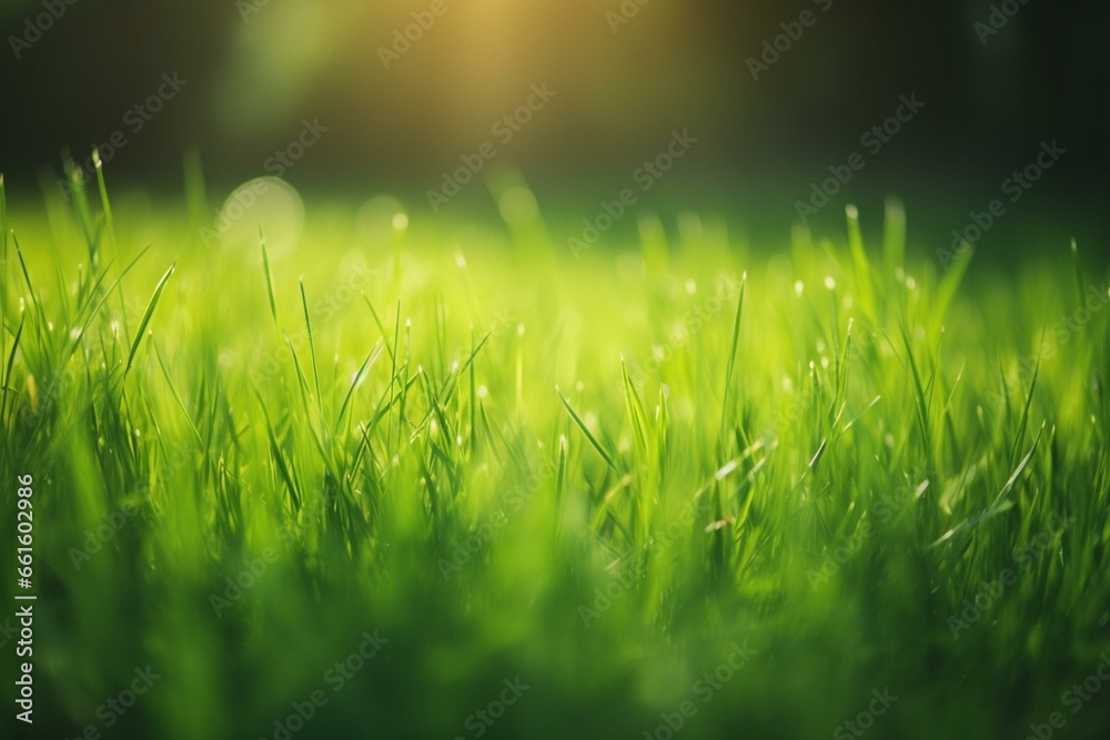 Vivid green grass with open area for text, defocused background. Generative AI